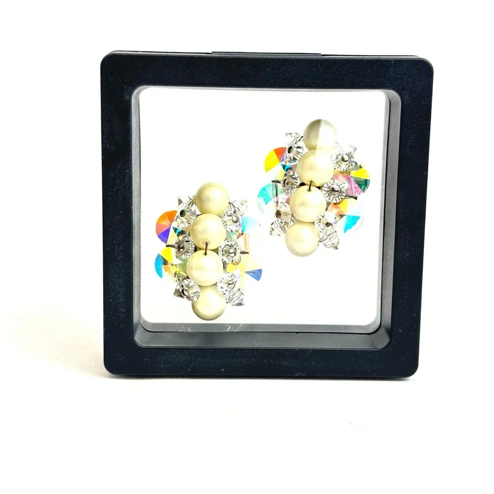 Vintage Faux Pearl Aurora‎ Borealis Crystal Cluster Clip On Earrings Silver Tone